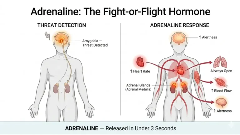 Adrenaline fight-or-flight response anatomy diagram showing amygdala threat detection, adrenal gland activation, and body responses in heart, lungs, muscles, and brain