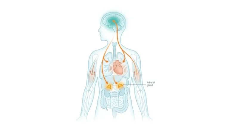 Adrenaline hormone release pathway diagram showing brain signaling adrenal glands and triggering heart, lungs, and muscle fight-or-flight response