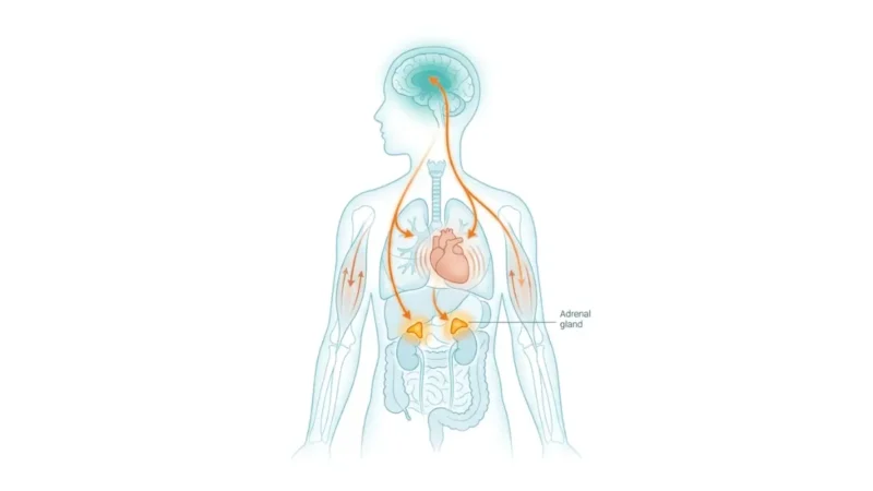 Adrenaline hormone release pathway diagram showing brain signaling adrenal glands and triggering heart, lungs, and muscle fight-or-flight response