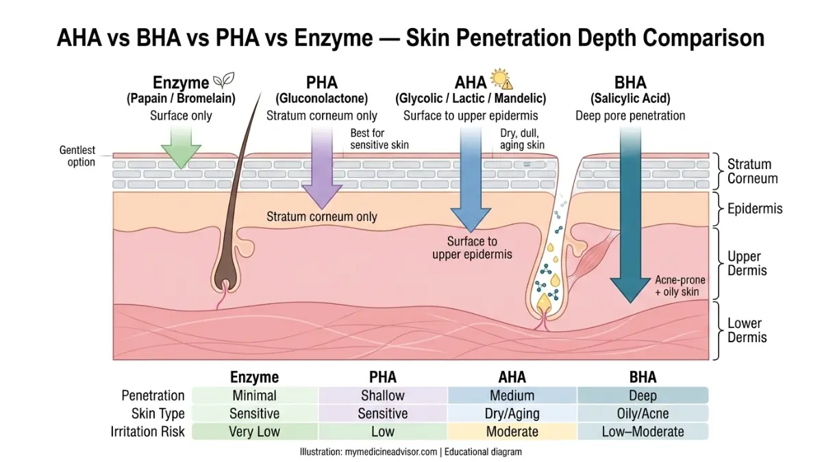 Medical comparison diagram showing penetration depth of AHA BHA PHA and enzyme Exfoliating ingredients through the stratum corneum epidermis and pores