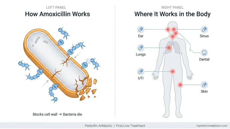 Amoxicillin medical anatomy diagram showing how Amoxicillin destroys bacterial cell walls and treats infections across the human body