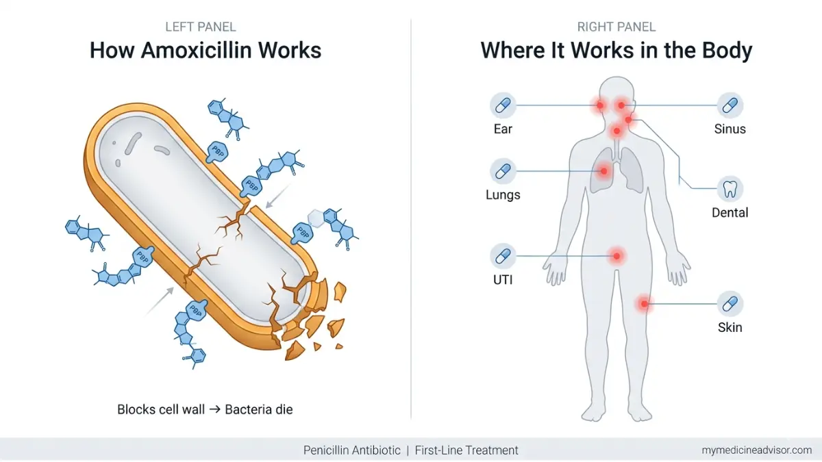 Amoxicillin medical anatomy diagram showing how Amoxicillin destroys bacterial cell walls and treats infections across the human body