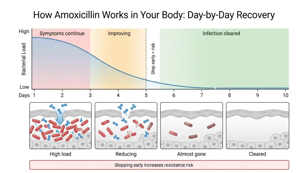 Amoxicillin recovery timeline anatomy diagram showing how Amoxicillin reduces bacterial load day by day and why completing the full course is essential