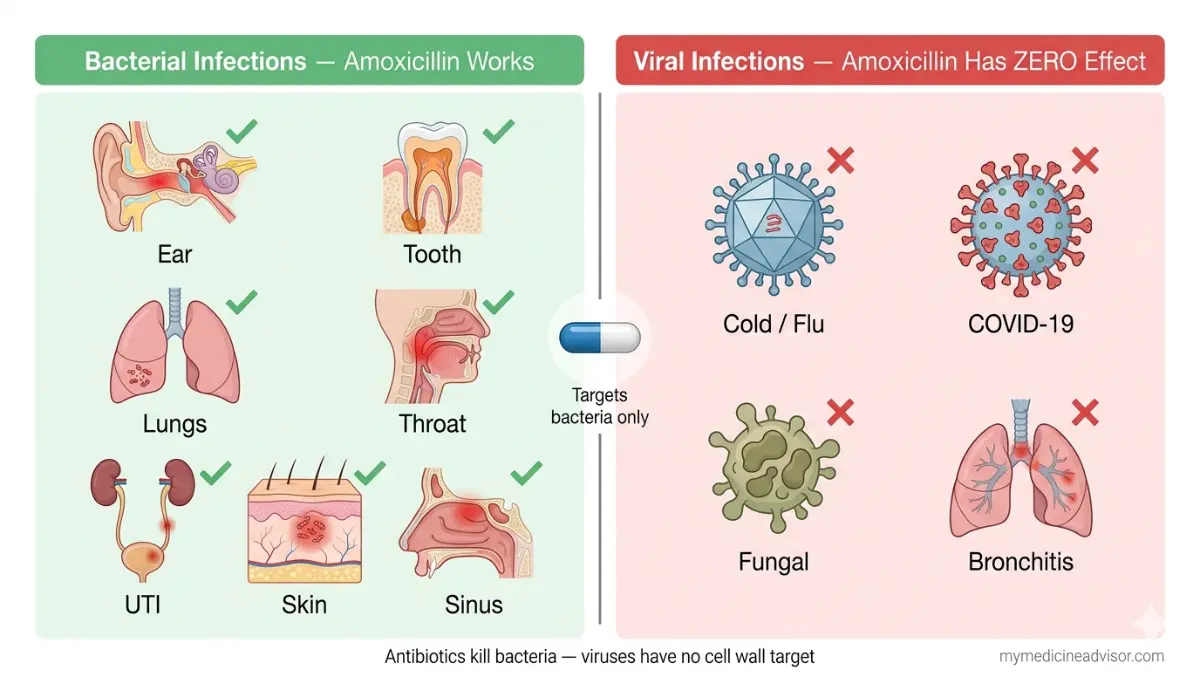 Amoxicillin comparison anatomy diagram showing bacterial infections Amoxicillin treats vs viral infections it cannot treat like cold flu and COVID-19