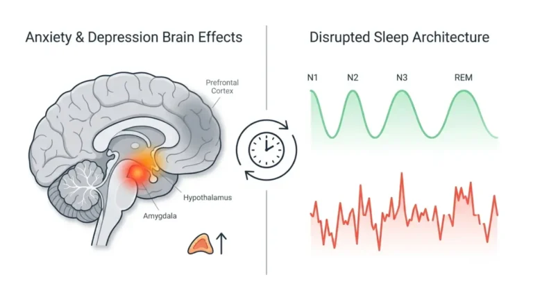 Anxiety brain anatomy and disrupted sleep cycle illustration showing how stress hormones affect sleep problem patterns