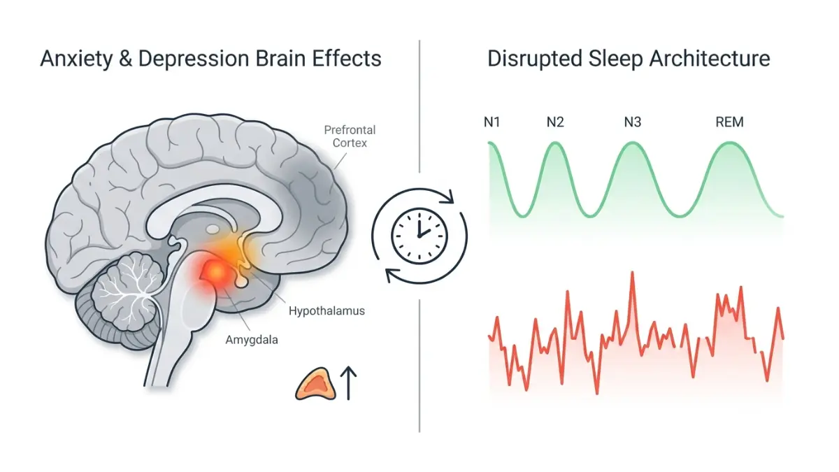 Anxiety brain anatomy and disrupted sleep cycle illustration showing how stress hormones affect sleep problem patterns
