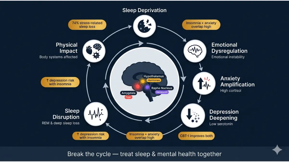 Circular diagram showing anxiety depression and sleep problem cycle affecting brain and overall health