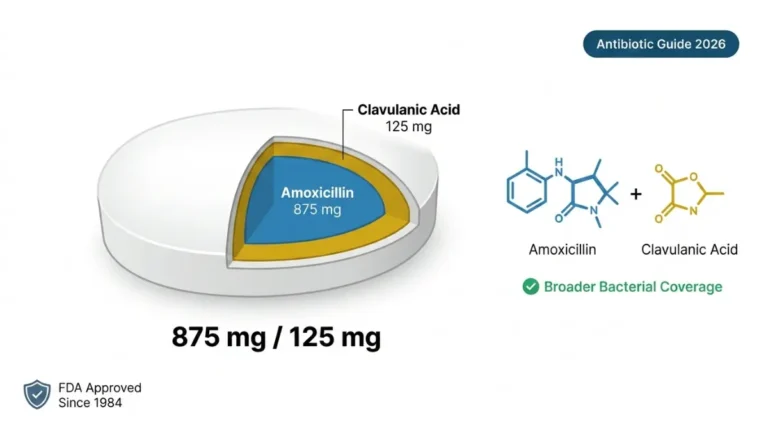 Augmentin tablet cross section showing amoxicillin and clavulanic acid composition 875 mg 125 mg Augmentin