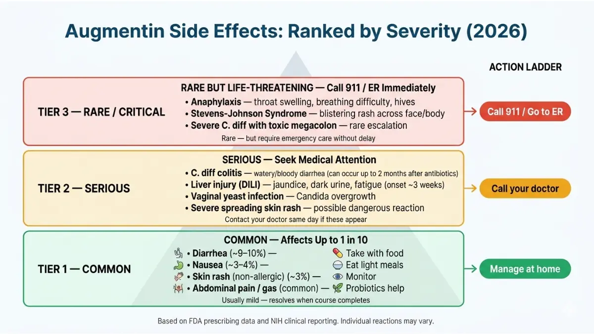 Augmentin side effects severity pyramid showing common serious and life threatening reactions Augmentin