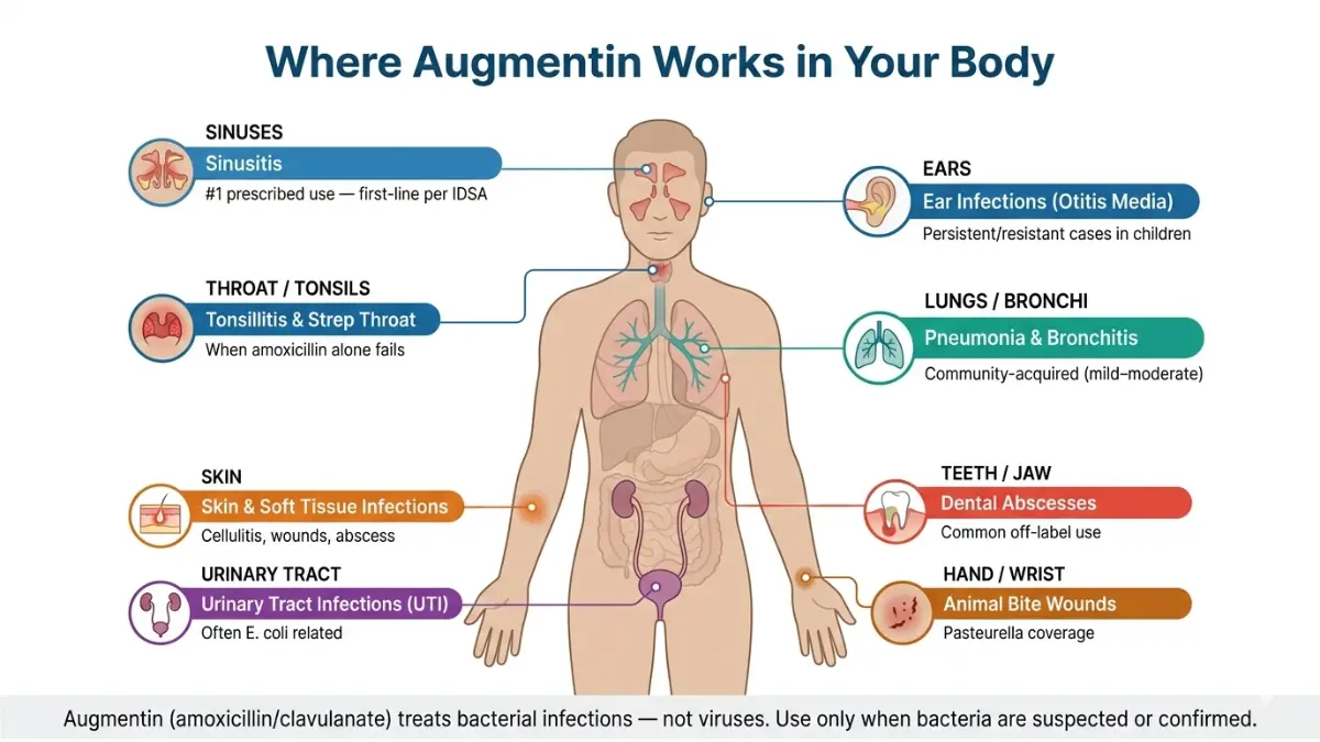 Augmentin uses in body showing infection areas like sinuses lungs skin urinary tract Augmentin