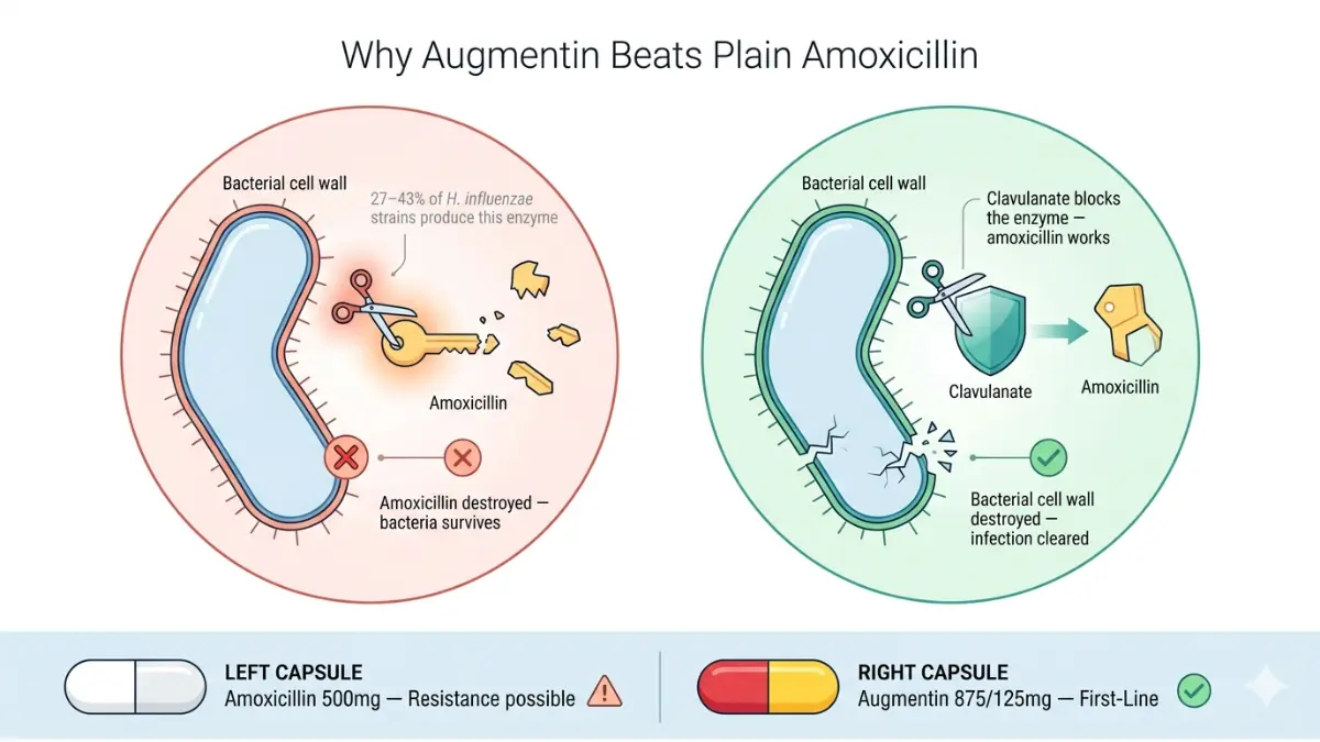 Sinus Infection Antibiotics mechanism diagram showing how amoxicillin-clavulanate overcomes beta-lactamase resistance