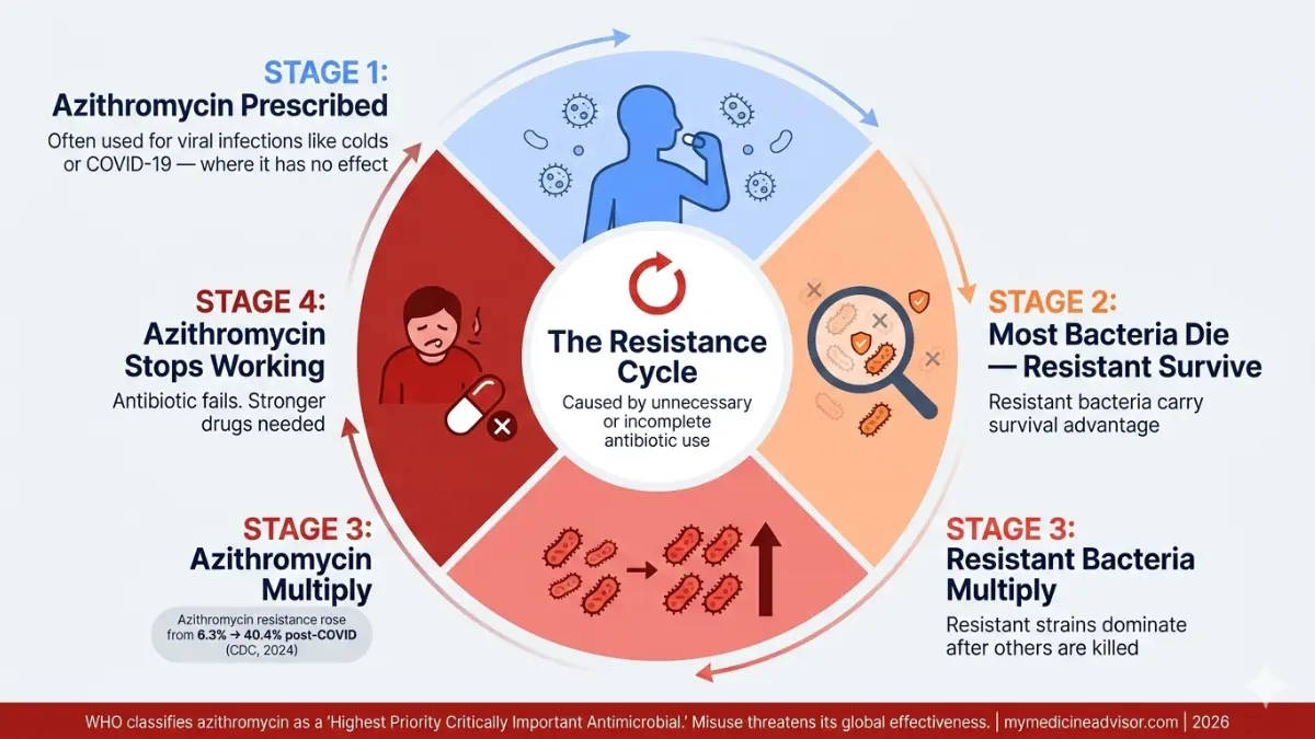 Azithromycin antibiotic resistance cycle diagram showing how misuse leads to resistant bacteria growth and treatment failure