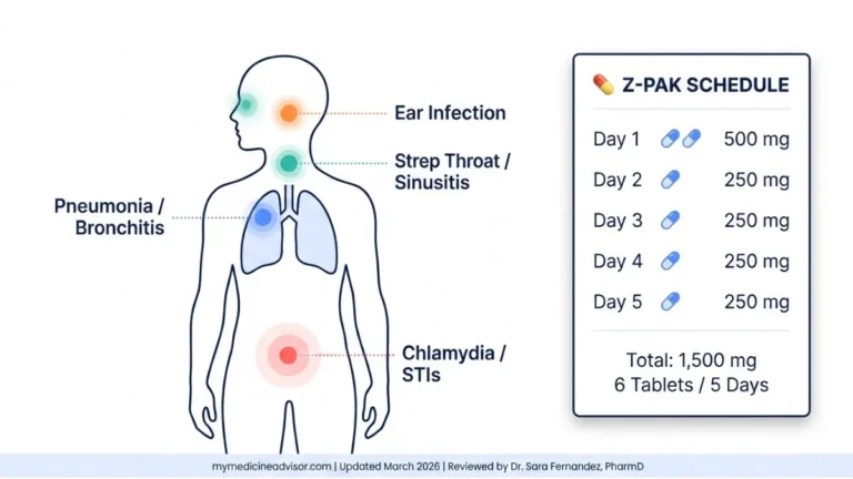 Azithromycin infection sites and Z-Pak dosage schedule infographic showing lungs throat sinuses ear and pelvic infections with 5 day treatment plan