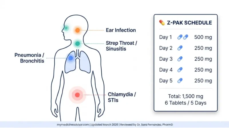 Azithromycin infection sites and Z-Pak dosage schedule infographic showing lungs throat sinuses ear and pelvic infections with 5 day treatment plan
