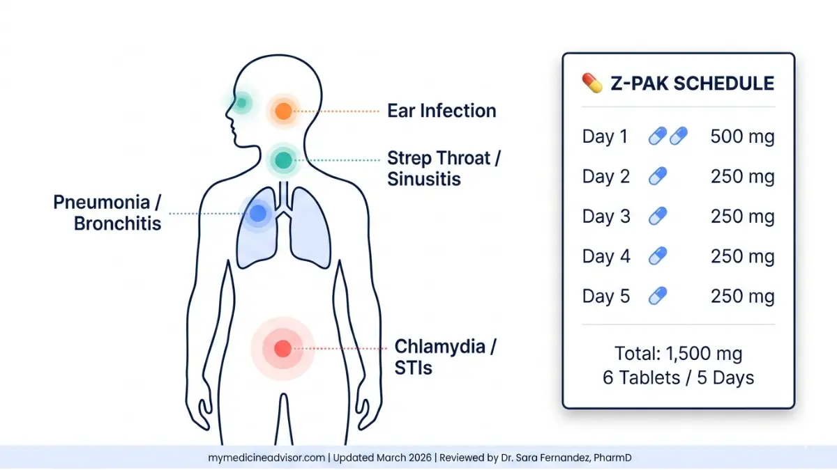 Azithromycin infection sites and Z-Pak dosage schedule infographic showing lungs throat sinuses ear and pelvic infections with 5 day treatment plan