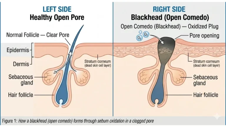 Blackhead removal anatomy diagram showing healthy pore versus blackhead open comedo with oxidized sebum plug