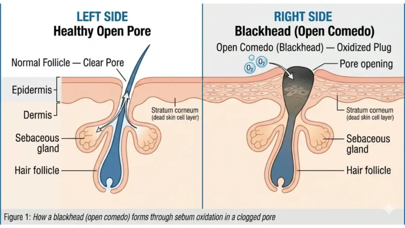Blackhead removal anatomy diagram showing healthy pore versus blackhead open comedo with oxidized sebum plug