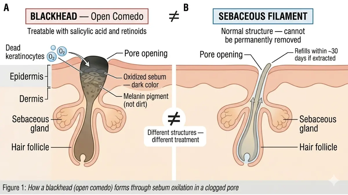 Blackhead removal anatomy diagram comparing open comedo blackhead versus sebaceous filament pore cross section with labeled differences