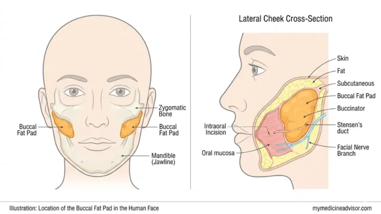 Buccal Fat Removal Cost anatomy diagram showing buccal fat pad location between cheekbone and jawline with facial nerve and intraoral incision cross section