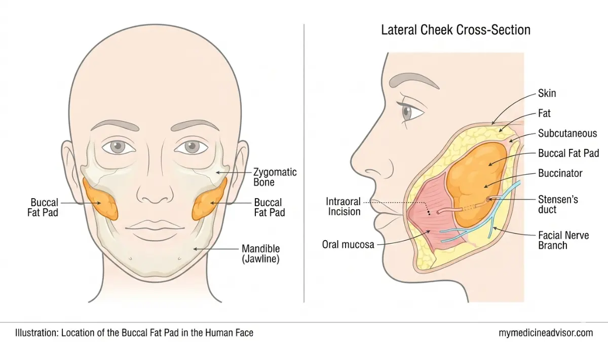 Buccal Fat Removal Cost anatomy diagram showing buccal fat pad location between cheekbone and jawline with facial nerve and intraoral incision cross section