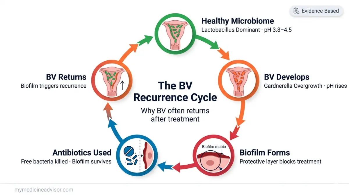 BV Antibiotics recurrence cycle diagram showing biofilm formation preventing treatment and causing bacterial vaginosis relapse