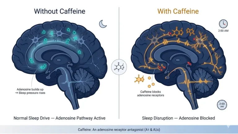 Caffeine blocks adenosine receptors in the brain to disrupt sleep compared to normal sleep pressure pathway