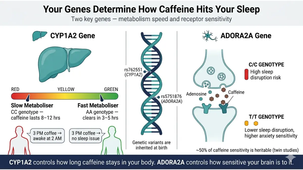 Genetic differences in CYP1A2 and ADORA2A genes explain why caffeine affects people differently and can disrupt sleep