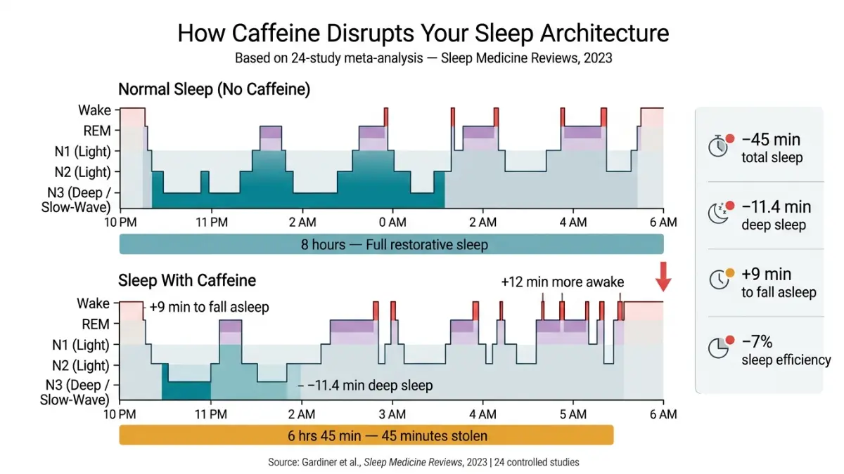 Sleep hypnogram showing how caffeine reduces deep sleep and total sleep time to disrupt sleep patterns