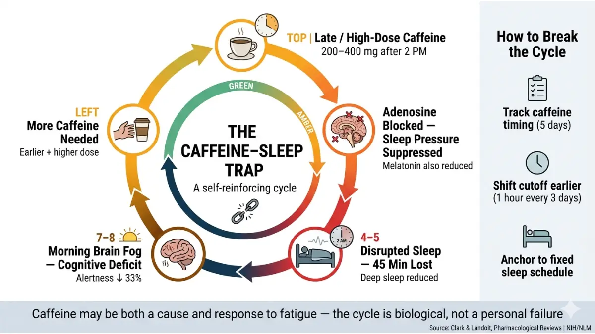 Caffeine sleep cycle diagram showing how repeated caffeine use creates a loop that disrupt sleep and increases fatigue