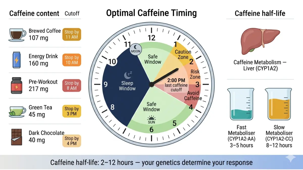 Caffeine timing clock showing safe and risky consumption windows that disrupt sleep based on time of day