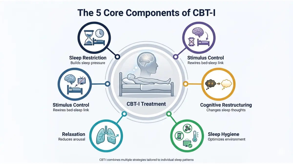 Cognitive Behavioral Therapy clinical vector diagram showing the 5 core components of CBT-I including sleep restriction, stimulus control, cognitive restructuring, sleep hygiene, and relaxation training