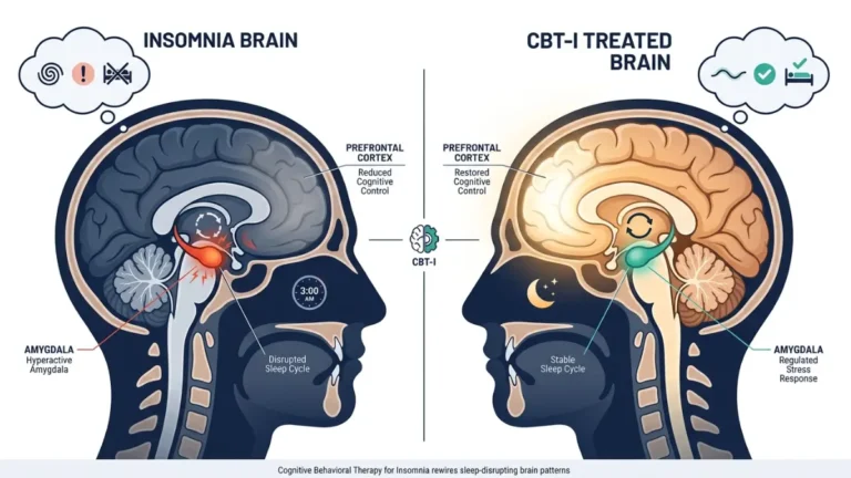 Cognitive Behavioral Therapy medical anatomy illustration comparing insomnia brain with hyperactive amygdala versus CBT-I treated brain with restored sleep-wake cycle