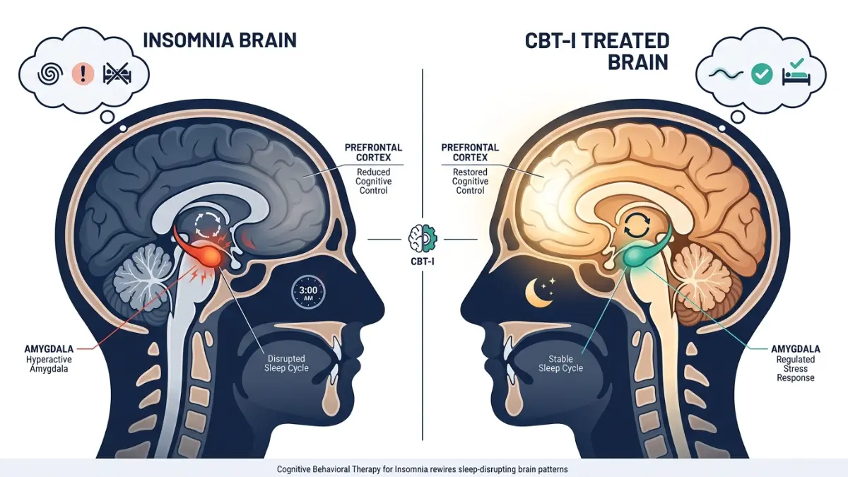 Cognitive Behavioral Therapy medical anatomy illustration comparing insomnia brain with hyperactive amygdala versus CBT-I treated brain with restored sleep-wake cycle