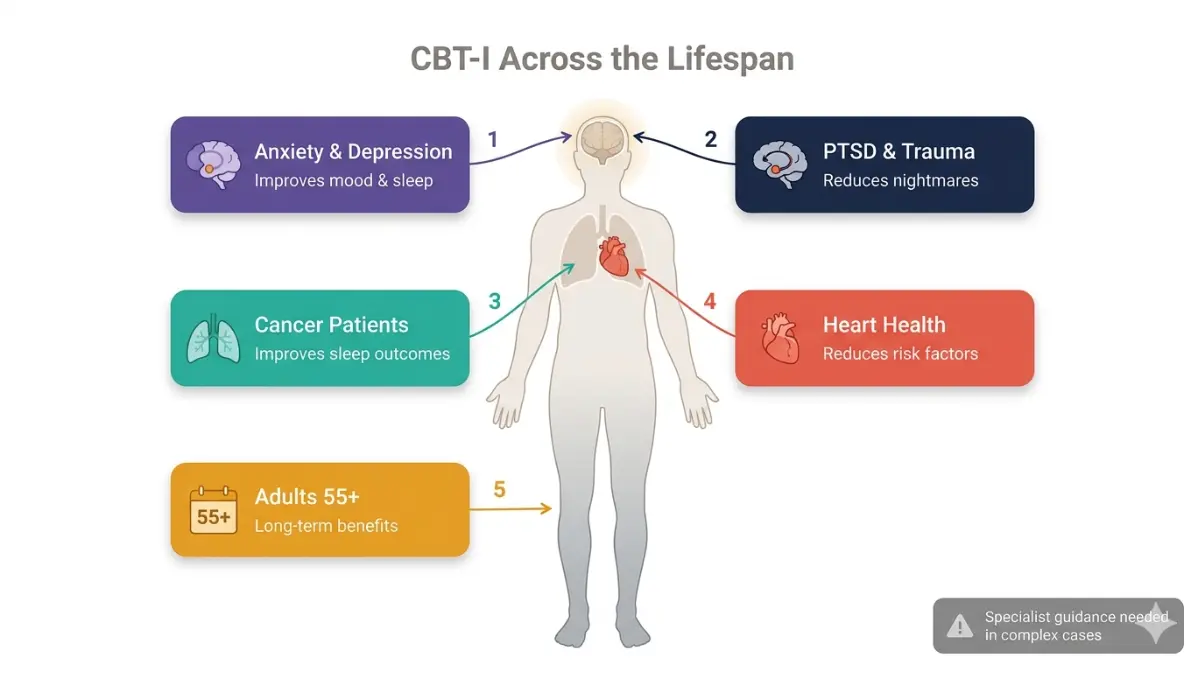Cognitive Behavioral Therapy medical anatomy chart showing effectiveness across patient populations including anxiety depression PTSD cancer patients and older adults