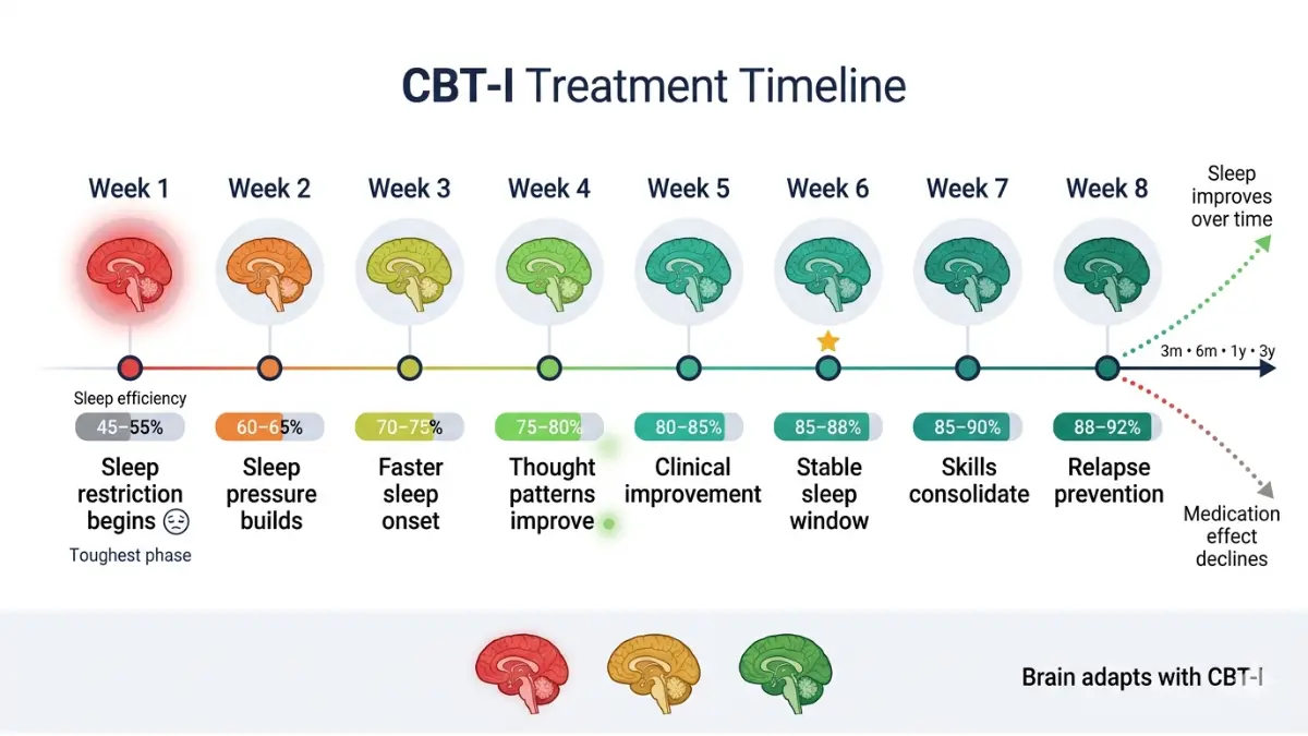 Cognitive Behavioral Therapy medical timeline illustration showing week-by-week CBT-I progress with brain arousal reduction and sleep efficiency improvement