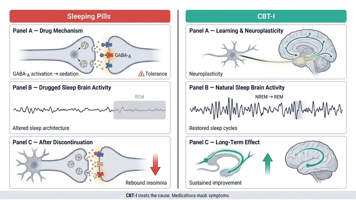 Cognitive Behavioral Therapy medical diagram comparing sleeping pills effect on GABA receptors versus CBT-I neuroplasticity restoring natural sleep architecture