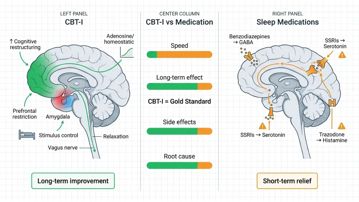 Comparison of CBT-I and sleep medications showing brain pathways and treatment impact on sleep problem
