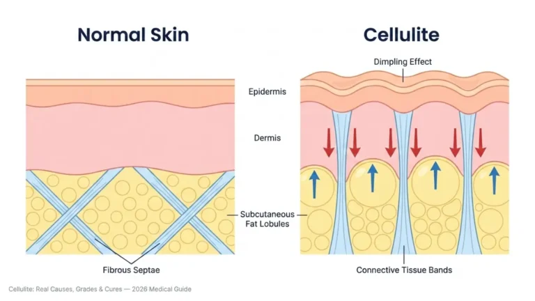 cellulite anatomy diagram showing normal skin vs cellulite skin with fibrous septae pulling downward and fat lobules pushing upward causing skin dimpling