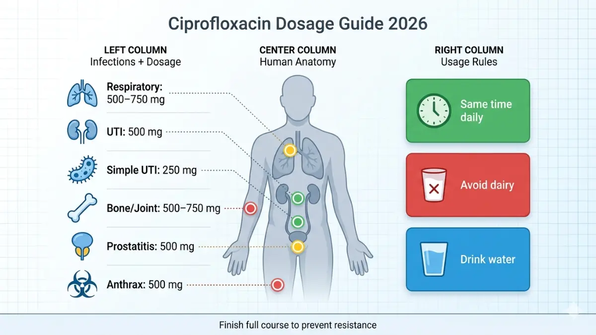 Ciprofloxacin dosage infographic showing Ciprofloxacin doses for UTI respiratory infections bone infections prostatitis and anthrax with safety rules