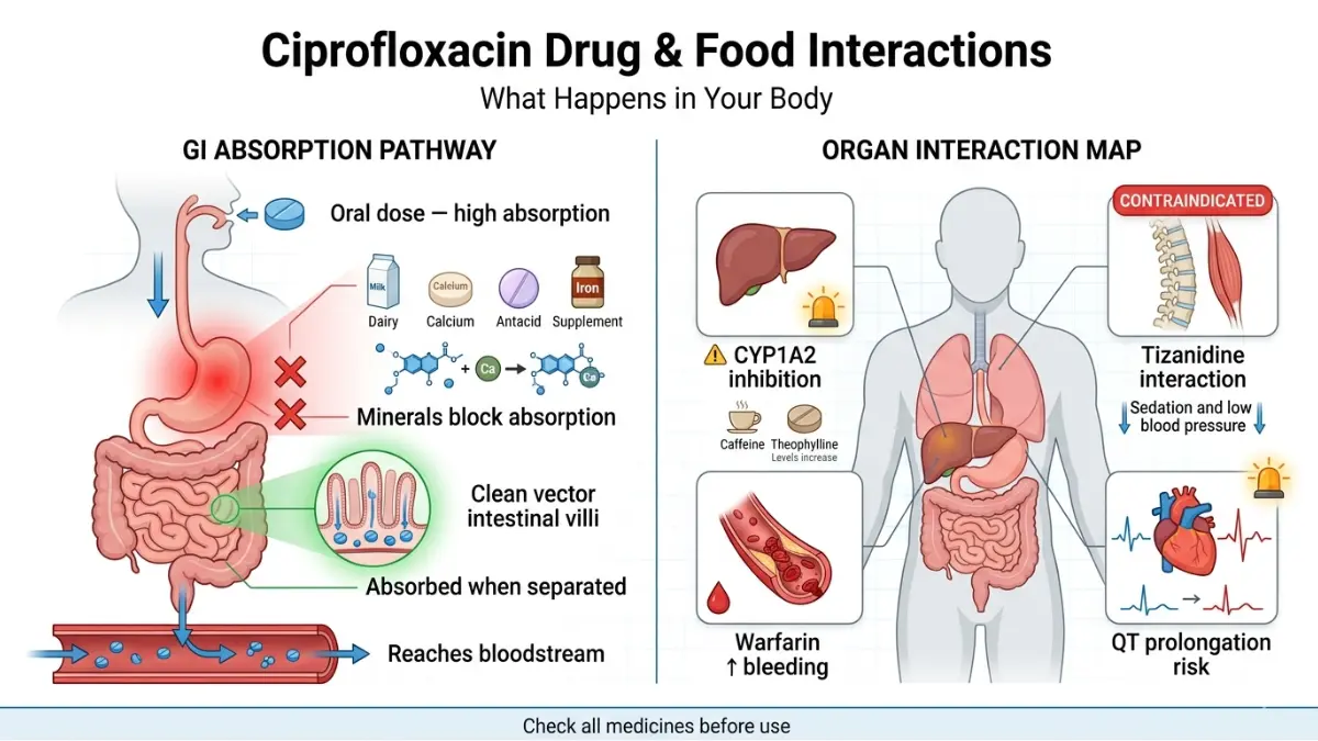 Ciprofloxacin interaction diagram showing Ciprofloxacin absorption blocked by dairy calcium and antacids plus liver enzyme interactions and heart QT risk