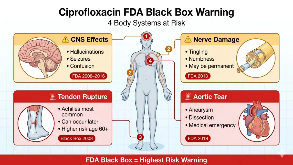 Ciprofloxacin FDA black box warning diagram showing Ciprofloxacin risks including CNS effects nerve damage tendon rupture and aortic dissection