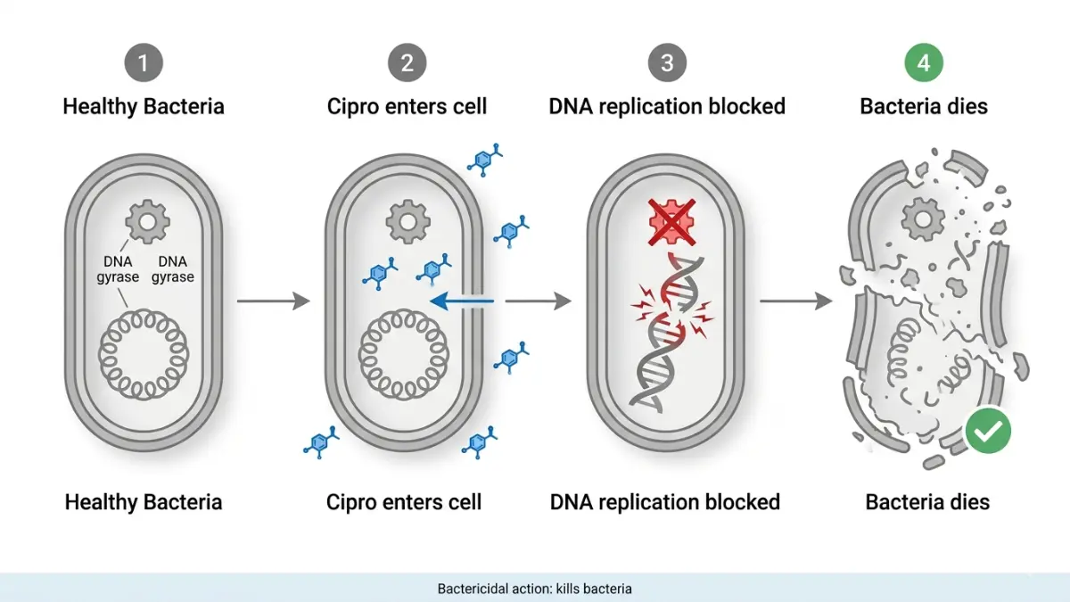 Ciprofloxacin mechanism diagram showing how Ciprofloxacin blocks bacterial DNA gyrase enzyme leading to DNA damage and bacterial cell death