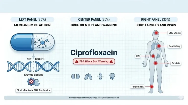 Ciprofloxacin medical illustration showing mechanism of action FDA black box warning and body infection targets including kidneys lungs tendons brain and prostate