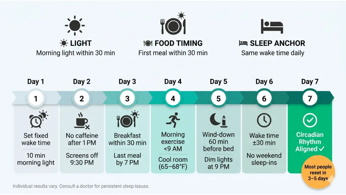 Circadian Rhythm 7 day reset plan timeline to fix sleep cycle naturally infographic