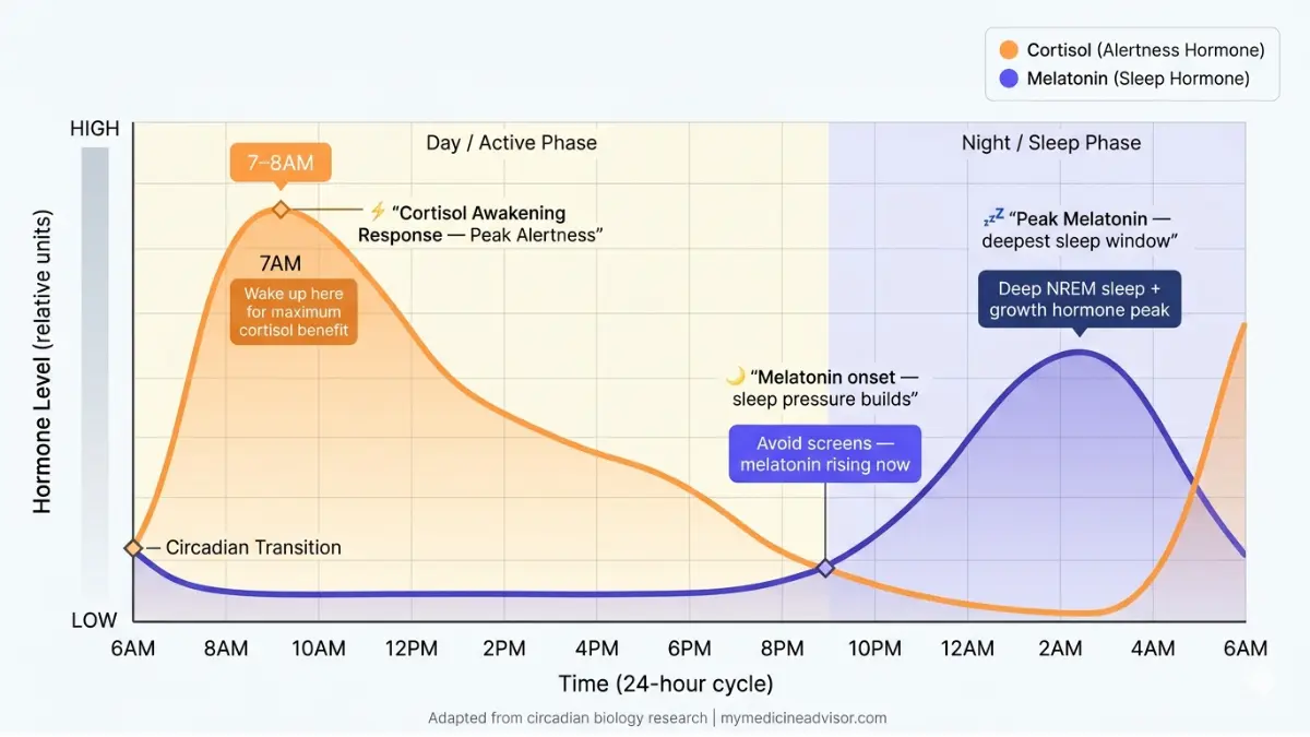 Circadian Rhythm cortisol and melatonin levels 24 hour cycle graph showing sleep and alertness