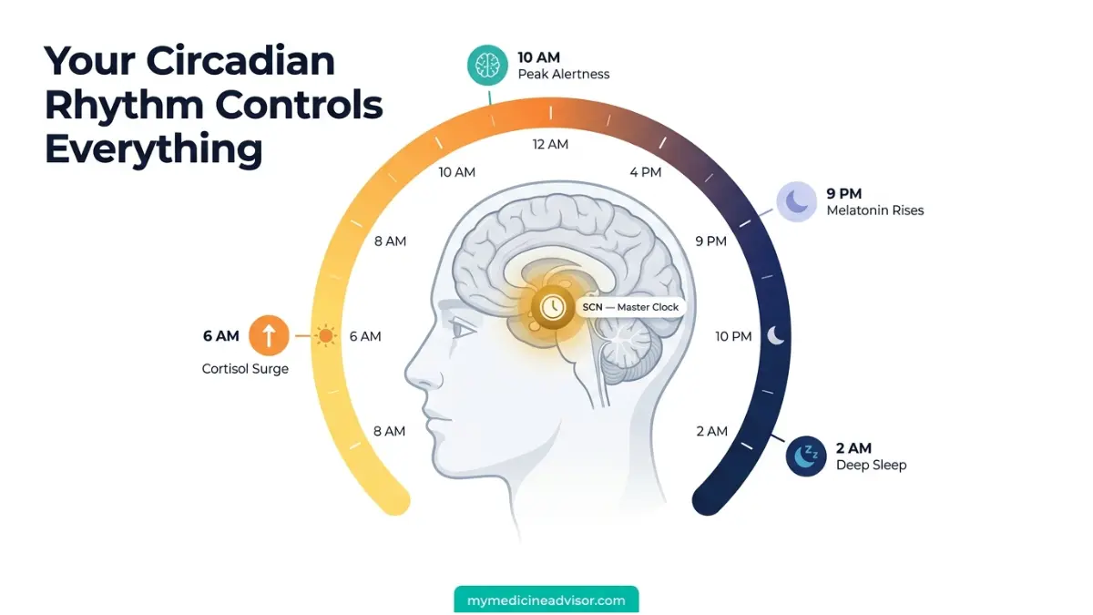 Circadian Rhythm master clock SCN in brain controlling sleep wake cycle diagram