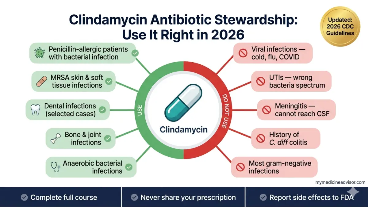 Clindamycin antibiotic stewardship infographic showing when to use Clindamycin and when to avoid it based on 2026 guidelines