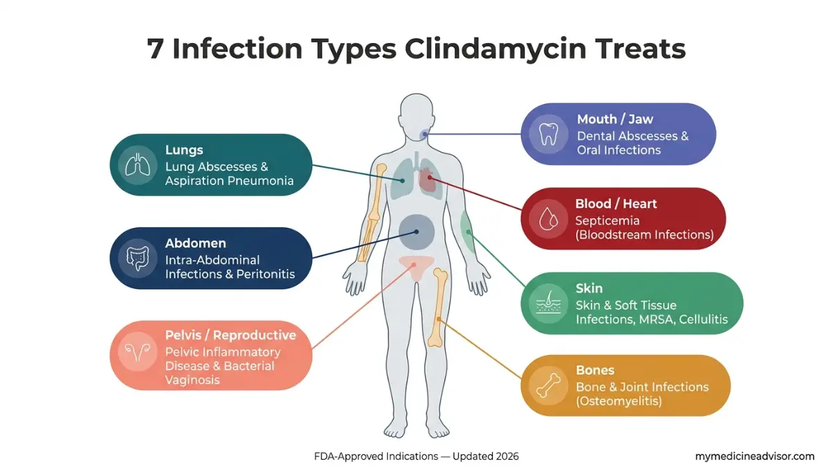Clindamycin treatment areas diagram showing where Clindamycin works in the body including lungs skin bones pelvis abdomen dental and bloodstream infections
