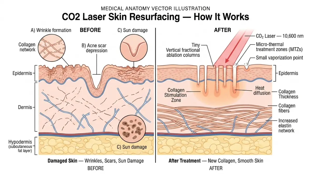 CO2 Laser skin resurfacing anatomy diagram showing how CO2 Laser vaporizes damaged epidermis and stimulates collagen in the dermis