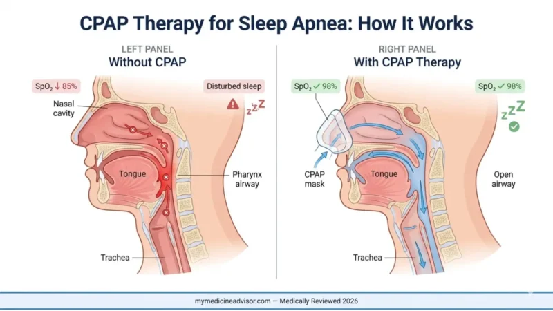 CPAP Therapy anatomy diagram showing airway obstruction in sleep apnea vs open airway with CPAP machine treatment